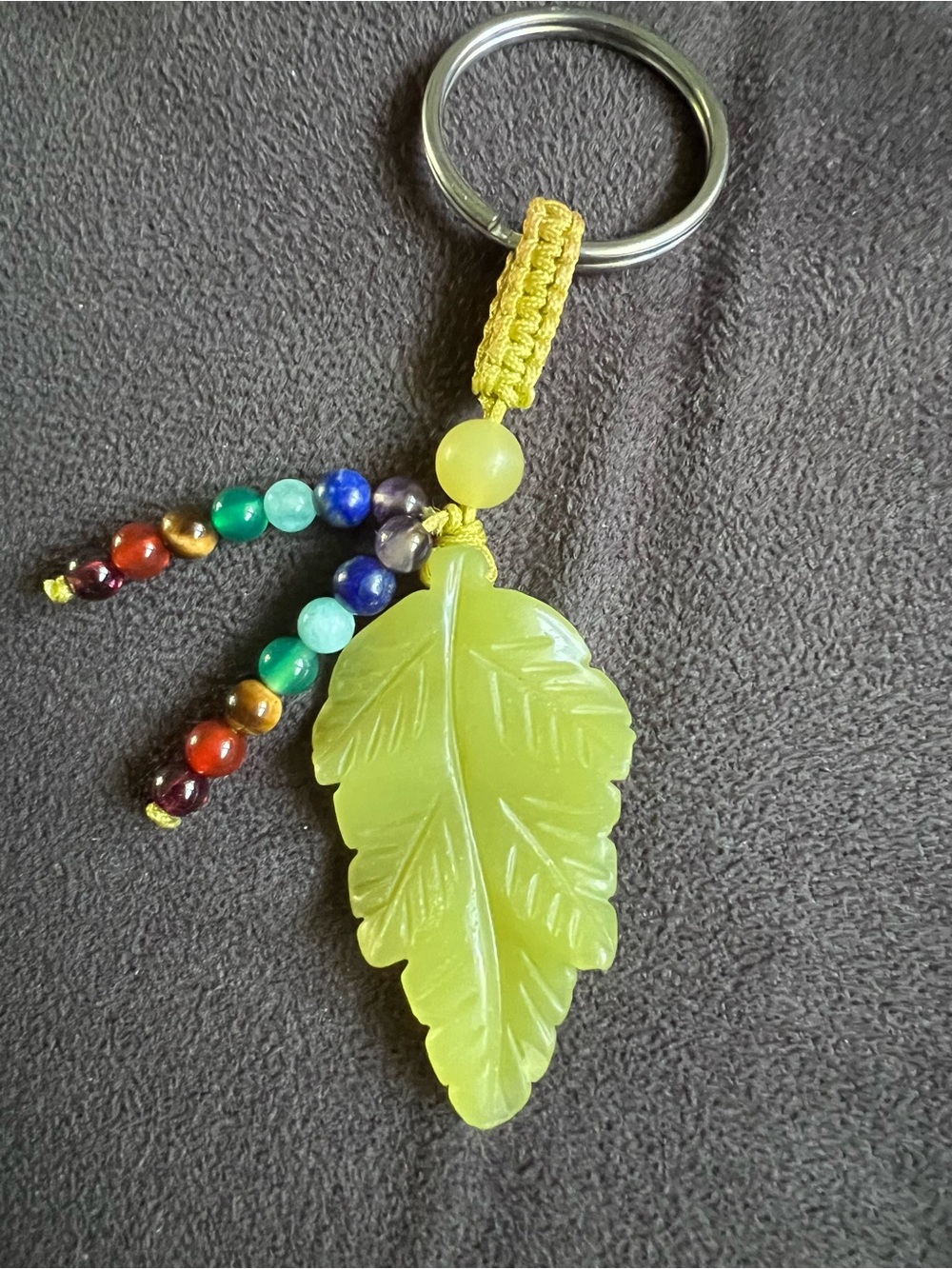 Yellow Leaf Jade Keychain with Multicolor Bead Accents